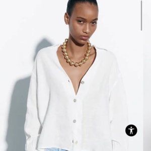 NEVER WORN - Zara 100% Linen Longsleeve Blouse - White - S